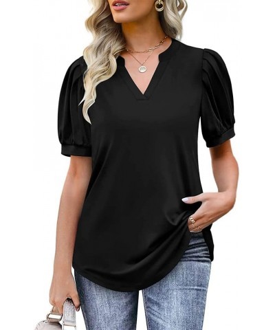 Summer Women's Pleated Puff Sleeve Tops Casual V Neck T Shirts Loose Blouses Dressy X-Small Black $14.81 Tops