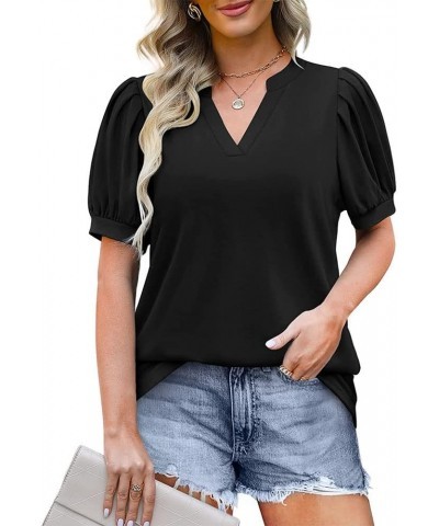 Summer Women's Pleated Puff Sleeve Tops Casual V Neck T Shirts Loose Blouses Dressy X-Small Black $14.81 Tops