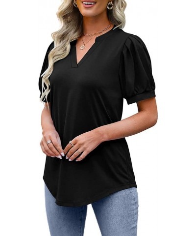 Summer Women's Pleated Puff Sleeve Tops Casual V Neck T Shirts Loose Blouses Dressy X-Small Black $14.81 Tops