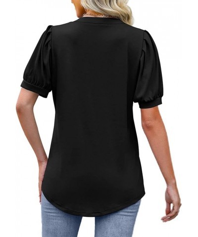 Summer Women's Pleated Puff Sleeve Tops Casual V Neck T Shirts Loose Blouses Dressy X-Small Black $14.81 Tops