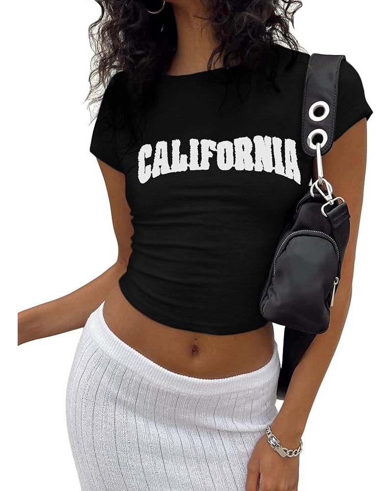 Women's Baby Tees Letter Print Short Sleeve Crop Tops Cute 2000s E-Girl Aesthetics T-Shirts Black $7.64 Tops