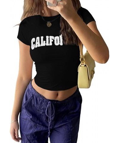 Women's Baby Tees Letter Print Short Sleeve Crop Tops Cute 2000s E-Girl Aesthetics T-Shirts Black $7.64 Tops