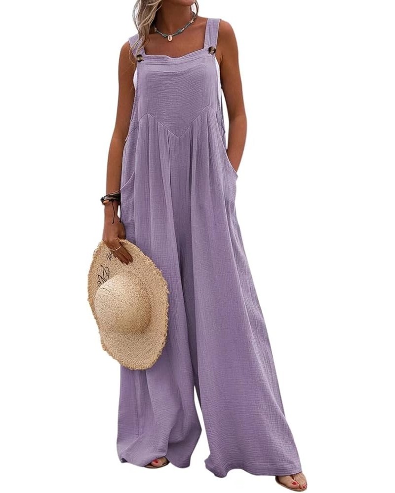 Women Summer Wide Leg Loose Jumpsuit Pockets Romper Pants Suspender 1 Piece Purple $10.75 Jumpsuits