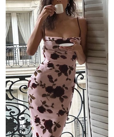 Women Open Back Satin Slip Dress Long Bodycon Floral Print Midi Dress Low Back Cutout Y2k Cocktail Maxi Dress Party Club B-pi...