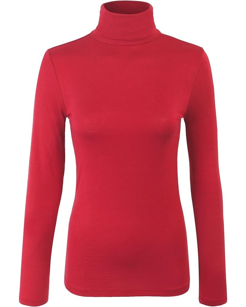 Womens Turtleneck Long Sleeve Basic Solid Fitted Shirt with Stretch 0157_red $10.78 Others