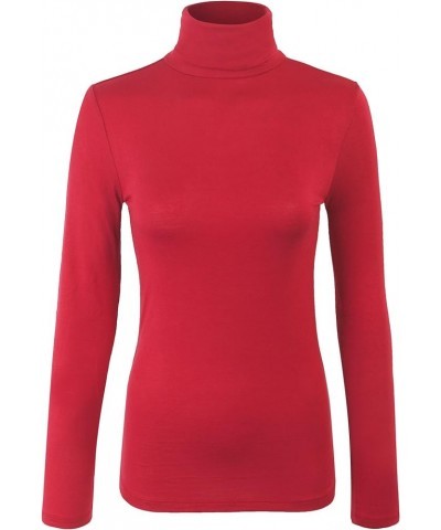 Womens Turtleneck Long Sleeve Basic Solid Fitted Shirt with Stretch 0157_red $10.78 Others