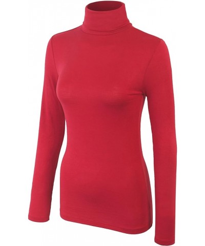 Womens Turtleneck Long Sleeve Basic Solid Fitted Shirt with Stretch 0157_red $10.78 Others