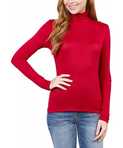 Womens Turtleneck Long Sleeve Basic Solid Fitted Shirt with Stretch 0157_red $10.78 Others