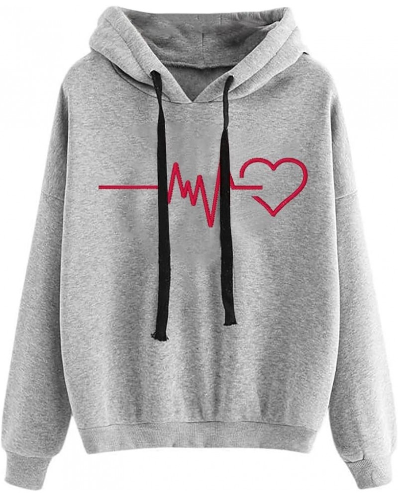 Women's Heart Print Hoodies Drawstring Long Sleeve Pullovers Tops Sweatshirts Fashion Loose Fit Comfy Fall Shirts A02_gray $3...