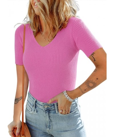 Womens Summer Short Sleeve T Shirts Slim Fit V Neck Ribbed Knit Basic Solid Color Tees Tops A Hot Pink $16.78 T-Shirts