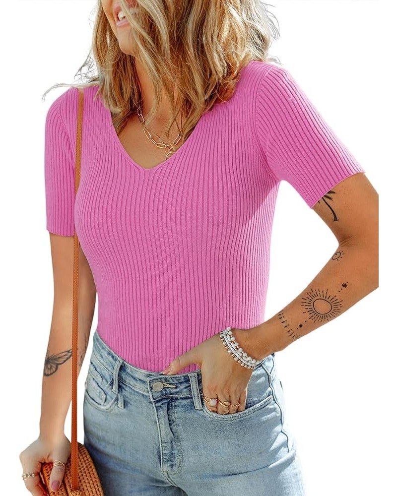 Womens Summer Short Sleeve T Shirts Slim Fit V Neck Ribbed Knit Basic Solid Color Tees Tops A Hot Pink $16.78 T-Shirts