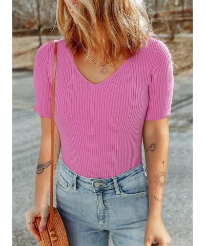 Womens Summer Short Sleeve T Shirts Slim Fit V Neck Ribbed Knit Basic Solid Color Tees Tops A Hot Pink $16.78 T-Shirts