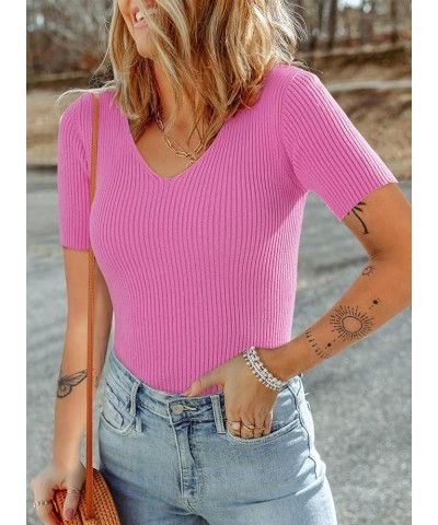 Womens Summer Short Sleeve T Shirts Slim Fit V Neck Ribbed Knit Basic Solid Color Tees Tops A Hot Pink $16.78 T-Shirts