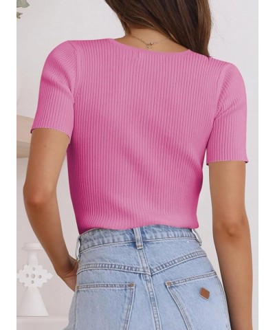 Womens Summer Short Sleeve T Shirts Slim Fit V Neck Ribbed Knit Basic Solid Color Tees Tops A Hot Pink $16.78 T-Shirts