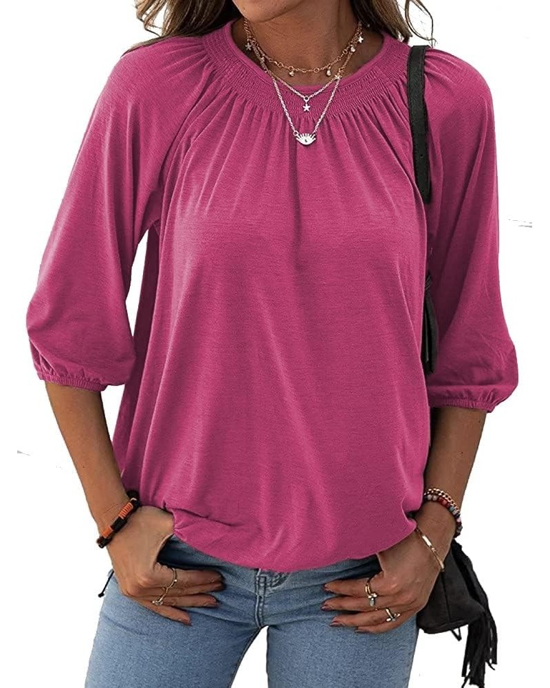 3/4 Sleeve Shirts for Women Loose Fit Pleated Crew Neck Trendy Tops Cute Casual Work Shirts A06_hot Pink $14.27 Tops