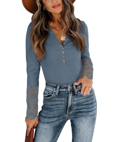 Womens Button Up Lace Long Sleeve Bodysuit Tops Casual Ribbed V Neck Henley Shirts Blue $11.13 Bodysuits