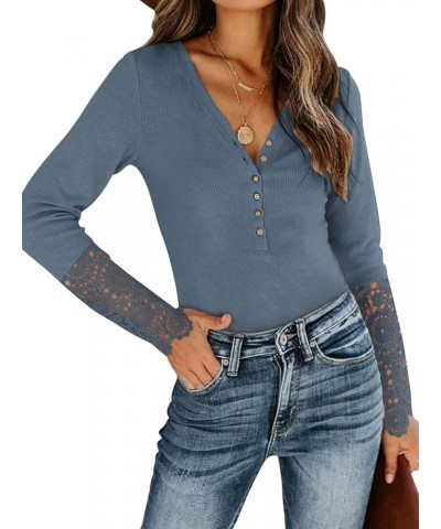 Womens Button Up Lace Long Sleeve Bodysuit Tops Casual Ribbed V Neck Henley Shirts Blue $11.13 Bodysuits