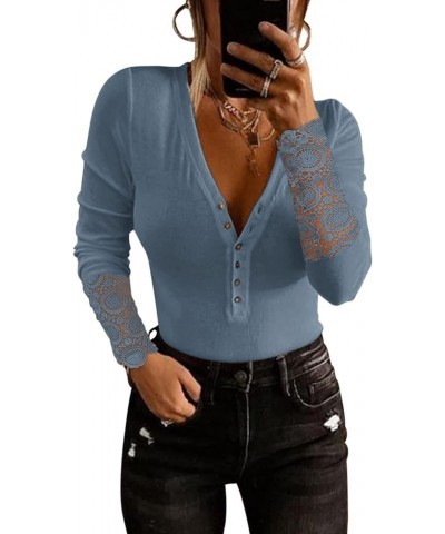 Womens Button Up Lace Long Sleeve Bodysuit Tops Casual Ribbed V Neck Henley Shirts Blue $11.13 Bodysuits