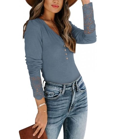 Womens Button Up Lace Long Sleeve Bodysuit Tops Casual Ribbed V Neck Henley Shirts Blue $11.13 Bodysuits