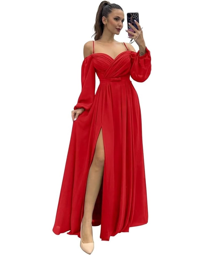 Women's Off The Shoulder Long Sleeve Chiffon Bridesmaid Dresses Long Slit Spaghetti Strap Formal Party Dress Red $32.50 Others