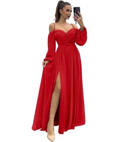 Women's Off The Shoulder Long Sleeve Chiffon Bridesmaid Dresses Long Slit Spaghetti Strap Formal Party Dress Red $32.50 Others