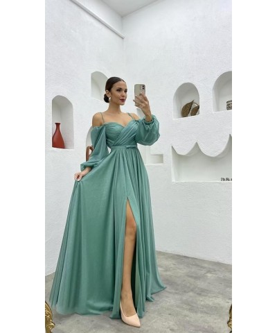 Women's Off The Shoulder Long Sleeve Chiffon Bridesmaid Dresses Long Slit Spaghetti Strap Formal Party Dress Red $32.50 Others