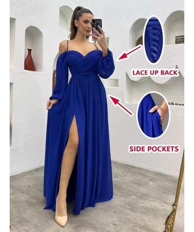 Women's Off The Shoulder Long Sleeve Chiffon Bridesmaid Dresses Long Slit Spaghetti Strap Formal Party Dress Red $32.50 Others