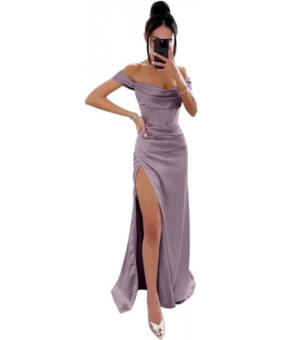 Off Shoulder Prom Dresses for Women 2024 Long Satin Mermaid with Slit Formal Party Gown ABCDF-4 Wisteria $24.75 Dresses