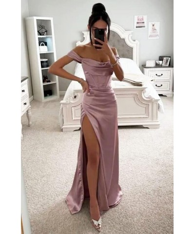 Off Shoulder Prom Dresses for Women 2024 Long Satin Mermaid with Slit Formal Party Gown ABCDF-4 Wisteria $24.75 Dresses