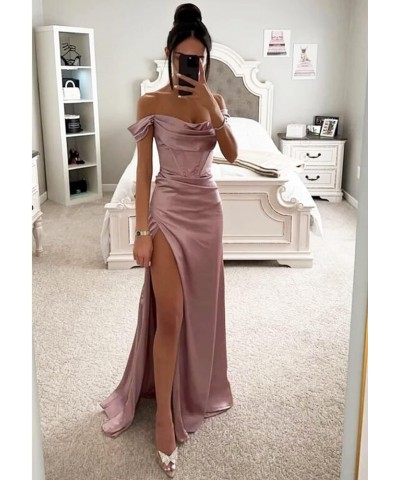 Off Shoulder Prom Dresses for Women 2024 Long Satin Mermaid with Slit Formal Party Gown ABCDF-4 Wisteria $24.75 Dresses