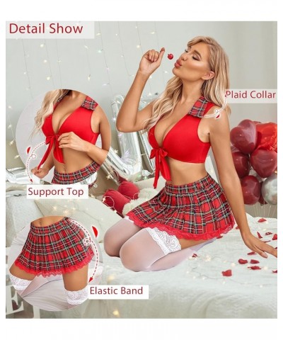 Lingerie Set for Women Sexy Lace Two Piece Lingerie Outfits with Tie Top and Mini Pleated Skirt Set Red $17.39 Lingerie