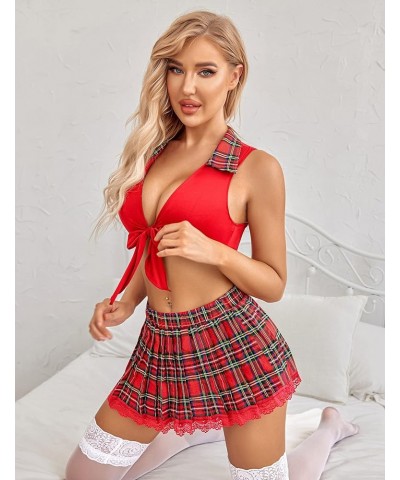 Lingerie Set for Women Sexy Lace Two Piece Lingerie Outfits with Tie Top and Mini Pleated Skirt Set Red $17.39 Lingerie