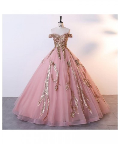 Sequined Pearl Off Shoulder Ball Prom Dress Floor Lenght Tulle Quinceanera Dresses Formal Princess Ball Prom Dress Light Pink...