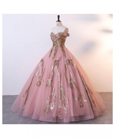 Sequined Pearl Off Shoulder Ball Prom Dress Floor Lenght Tulle Quinceanera Dresses Formal Princess Ball Prom Dress Light Pink...