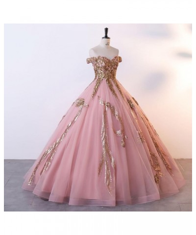 Sequined Pearl Off Shoulder Ball Prom Dress Floor Lenght Tulle Quinceanera Dresses Formal Princess Ball Prom Dress Light Pink...