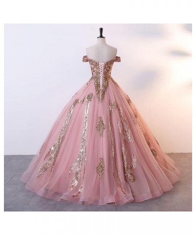 Sequined Pearl Off Shoulder Ball Prom Dress Floor Lenght Tulle Quinceanera Dresses Formal Princess Ball Prom Dress Light Pink...