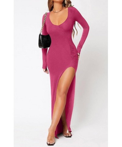 Women's Long Sleeve Dress Midi Casual V Neck Dresses Waist Ruched Bodycon Side Slit Cocktail Party Dress Rosered $22.41 Dresses