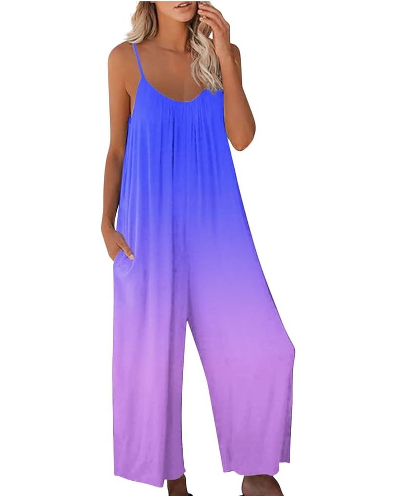 Spaghetti Strap Jumpsuits For Women Sexy Summer Sleeveless Baggy Bib Overall Printed Casual Wide Leg Pants Romper 03 Purple $...