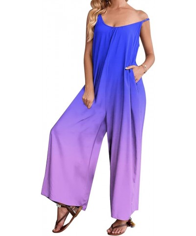 Spaghetti Strap Jumpsuits For Women Sexy Summer Sleeveless Baggy Bib Overall Printed Casual Wide Leg Pants Romper 03 Purple $...