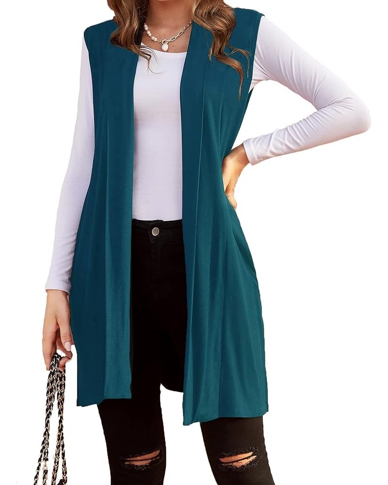 Womens Long Vests Sleeveless Draped Lightweight Open Front Cardigan Layering Vest with Side Pockets Crystal Teal $13.16 Sweaters