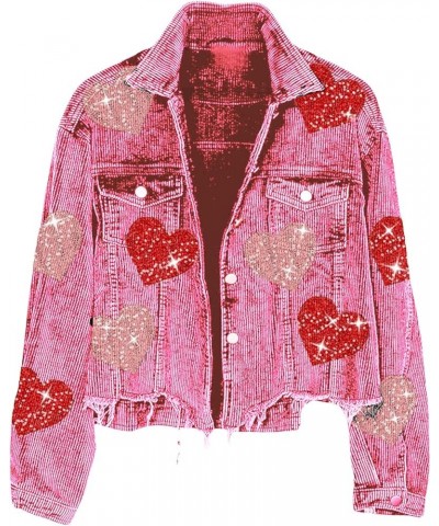 Women's Heart Corduroy Sequin Jacket Valentine's Day Long Sleeve Cropped Distresses Shacket Coat Pink $22.95 Jackets