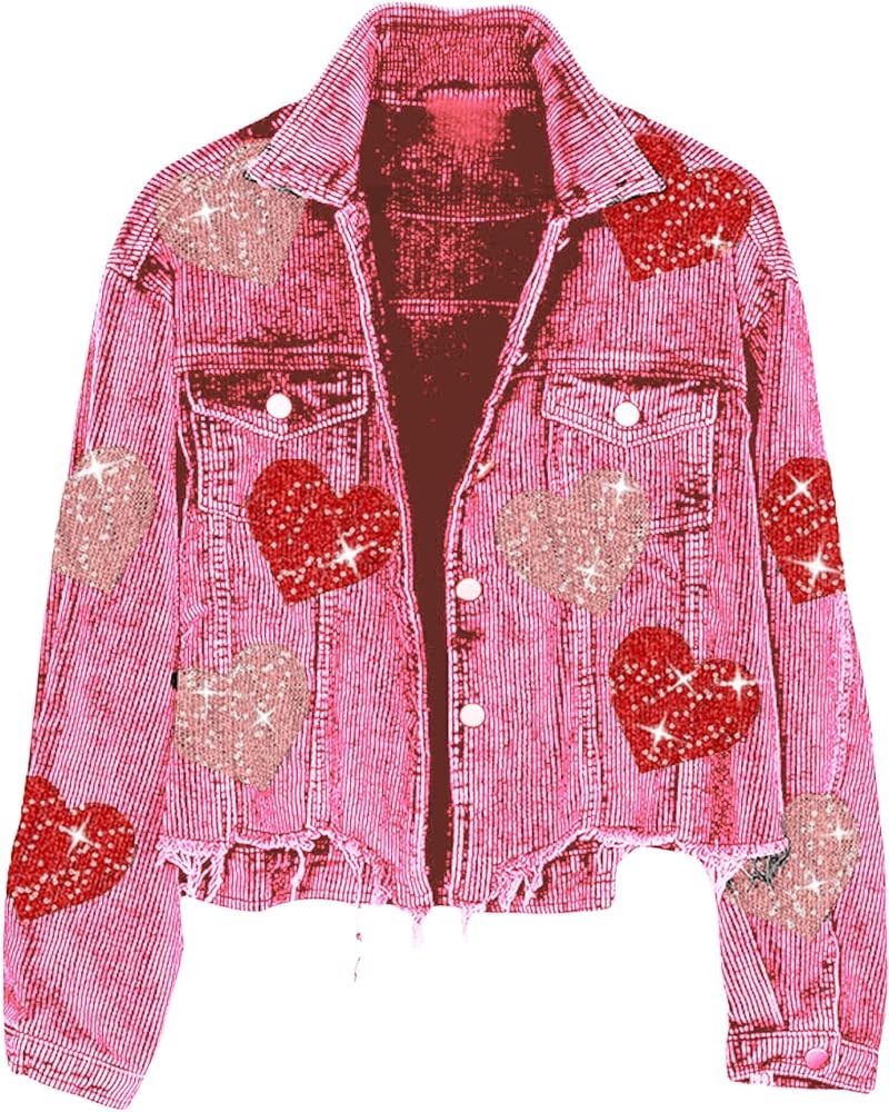 Women's Heart Corduroy Sequin Jacket Valentine's Day Long Sleeve Cropped Distresses Shacket Coat Pink $22.95 Jackets