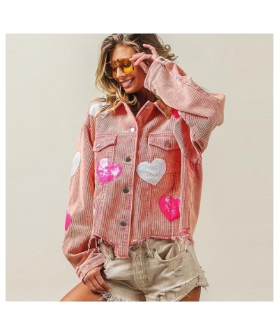 Women's Heart Corduroy Sequin Jacket Valentine's Day Long Sleeve Cropped Distresses Shacket Coat Pink $22.95 Jackets