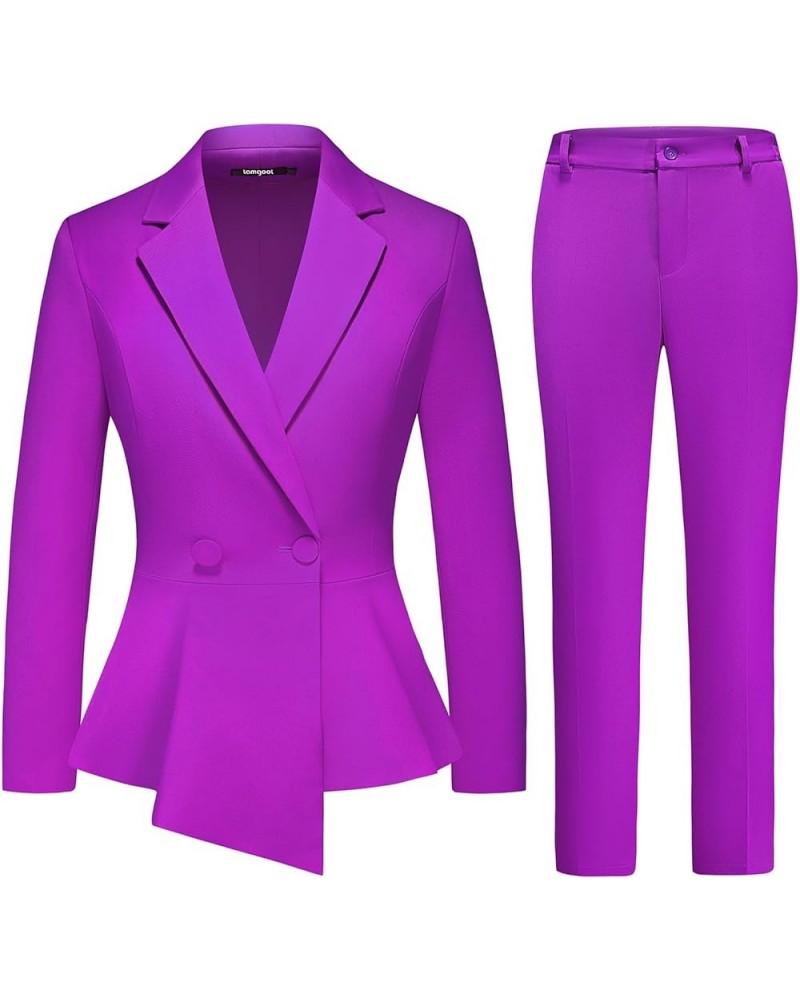 Women's Suit Outfits Set 2 Piece Ruffle Blazer with Pants Suit Set Long Sleeve Business Casual Purple $30.55 Suits