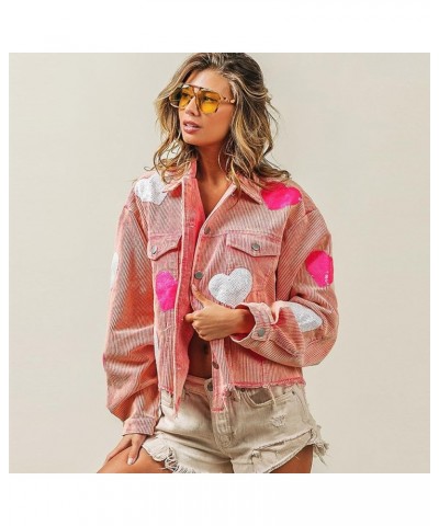 Women's Heart Corduroy Sequin Jacket Valentine's Day Long Sleeve Cropped Distresses Shacket Coat Pink $22.95 Jackets