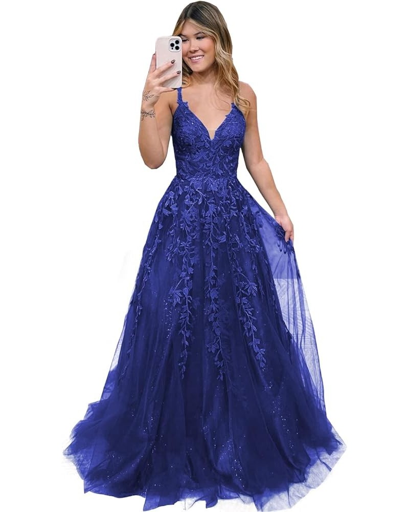 Women's V Neck Lace Long Prom Dresses 2024 Appliqued Tulle Ball Gown Formal Evening Dress for Teens BI007 Royal Blue $37.62 D...