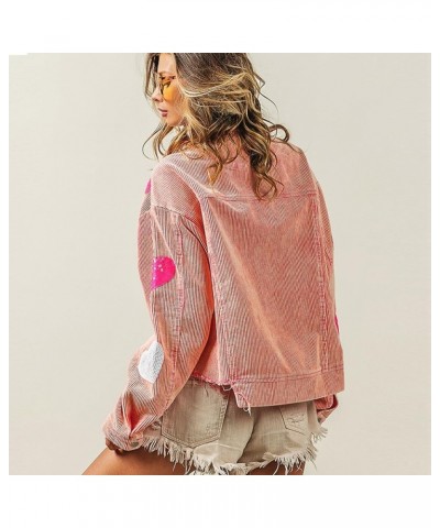 Women's Heart Corduroy Sequin Jacket Valentine's Day Long Sleeve Cropped Distresses Shacket Coat Pink $22.95 Jackets