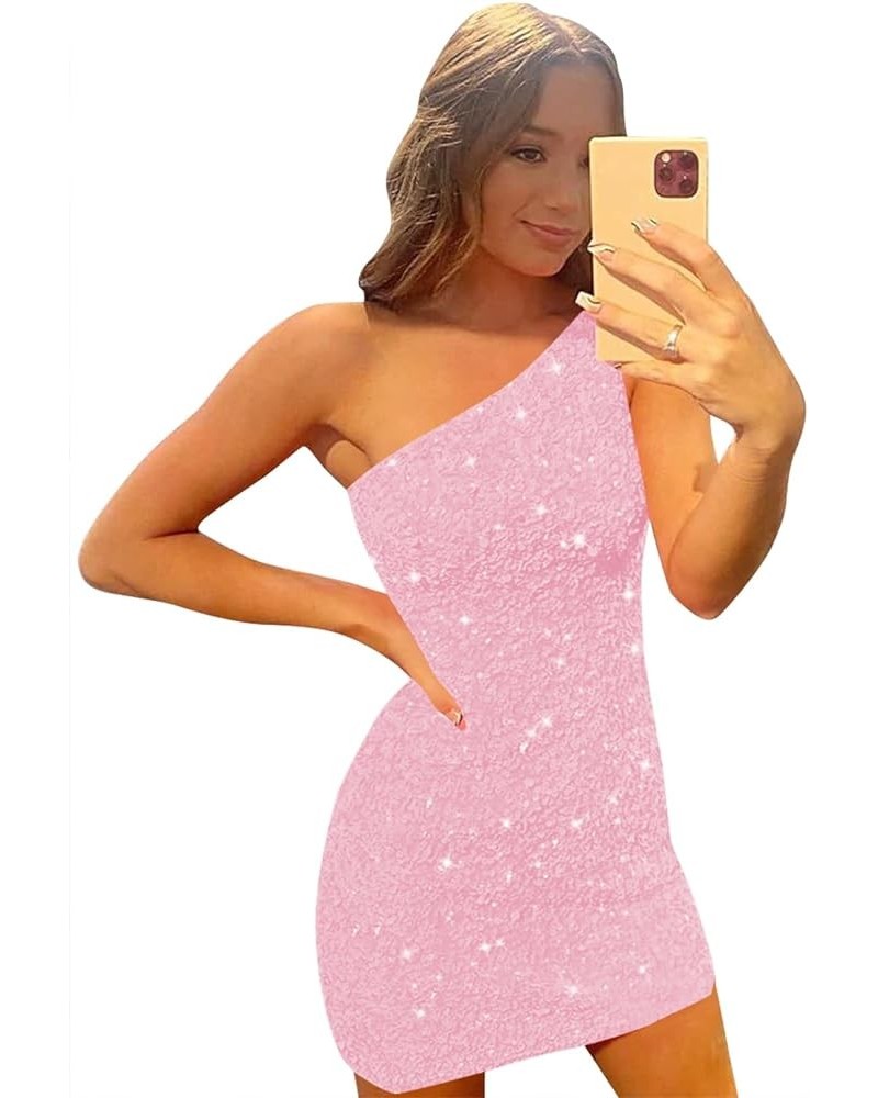 Women's One Shoulder Sequin Homecoming Dresses for Teens Short Tight Sparkly Prom Cocktail Dress Pink-zipper Back $21.42 Dresses