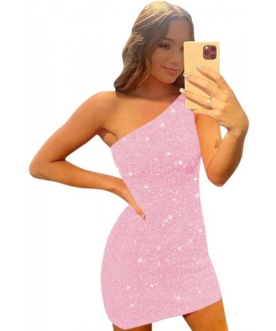 Women's One Shoulder Sequin Homecoming Dresses for Teens Short Tight Sparkly Prom Cocktail Dress Pink-zipper Back $21.42 Dresses