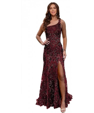 Sparkly Sequin Mermaid Prom Dress 2024 with Slit for Women One Shoulder Formal Evening Gown YZTS141 Burgundy $34.50 Dresses